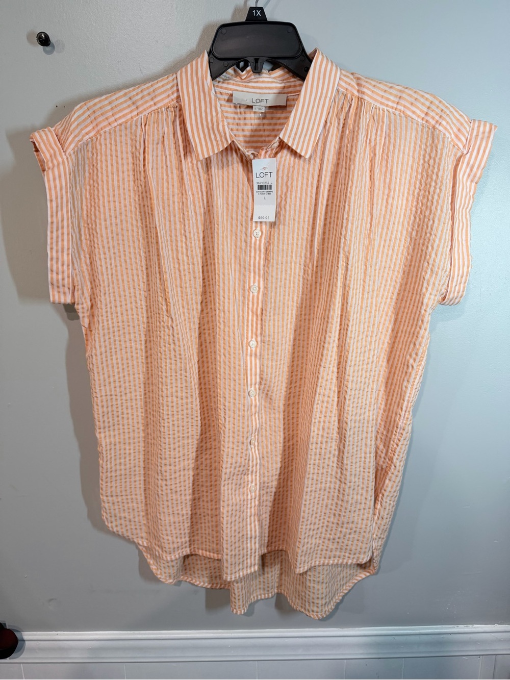 LOFT Peach Striped Short-Sleeve Button Down Shirt